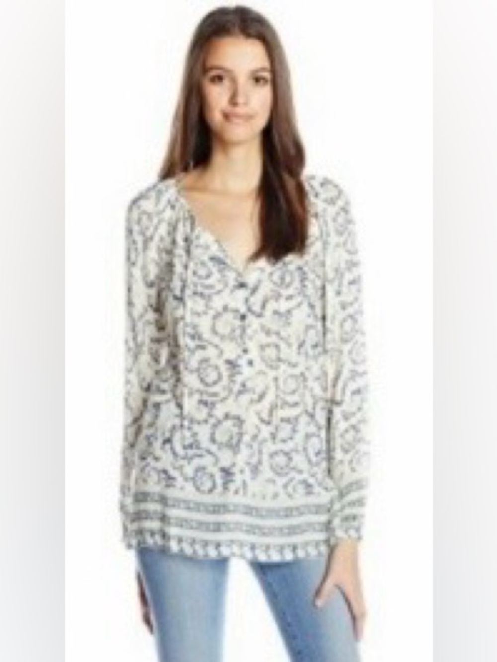 Lucky Brand XL Sheer Boho Blouse Tie Neck Rayon Floral Scroll Top - Picture 6 of 6